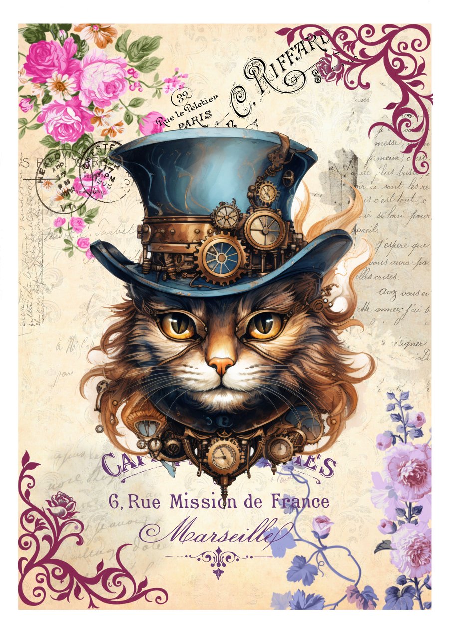 Steampunk Cat Blank Greeting Card. Cute Vintage Victorian Style for Cat Lovers!