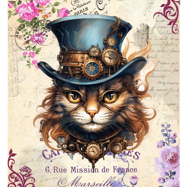 Steampunk Cat Blank Greeting Card. Cute Vintage Victorian Style for Cat Lovers!