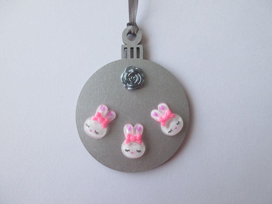 Bunny Rabbit Hanging Decoration Christmas Tree Bauble Pink Silver