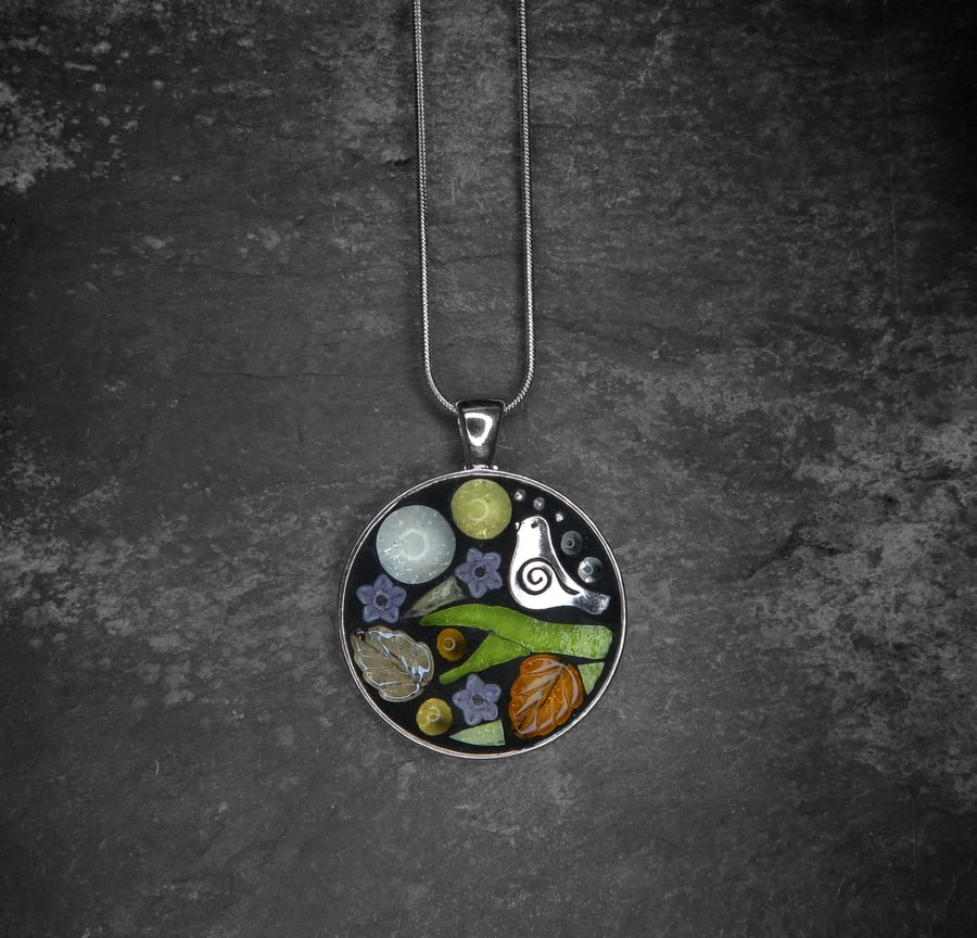 Little Moon Bird- Glow in the dark glass Mosaic Pendant