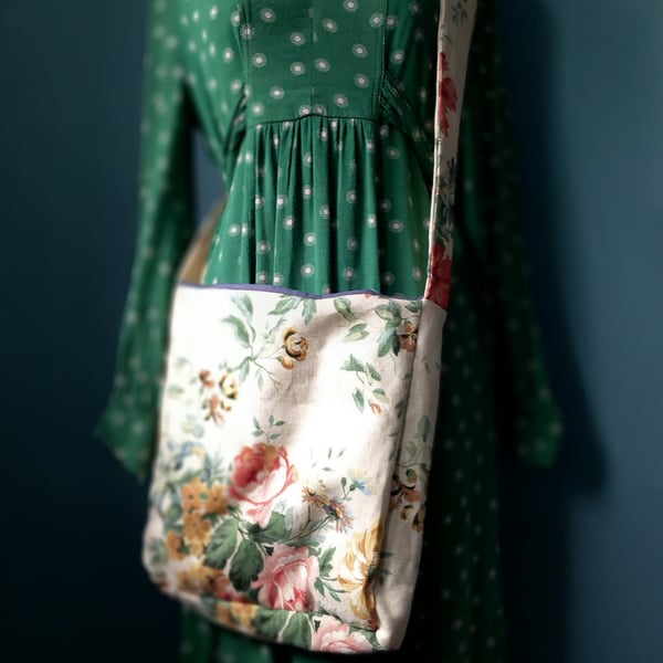  long handled floral cotton linen bag