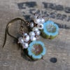 Turquoise Czech Glass & Freshwater Pearl Cluster Earrings