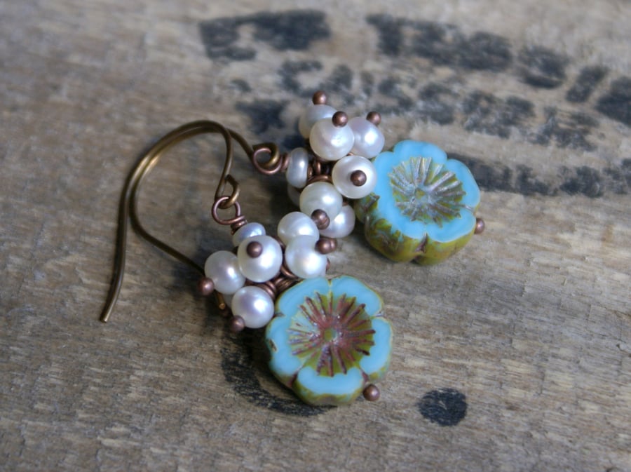 Turquoise Czech Glass & Freshwater Pearl Cluster Earrings