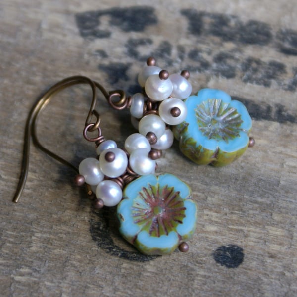 Turquoise Czech Glass & Freshwater Pearl Cluster Earrings