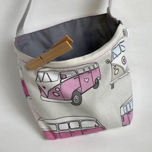 Peg bag with shoulder strap. Pink camper van design