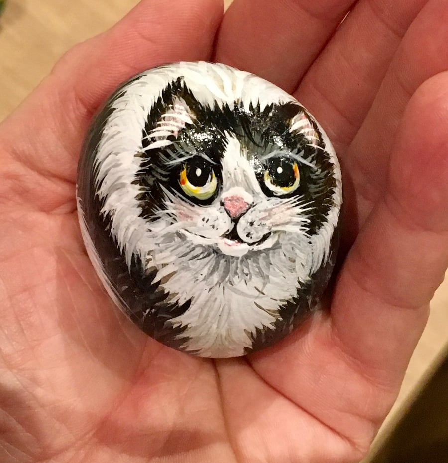 Cat hand painted pebble garden rock art pet stone portrait 