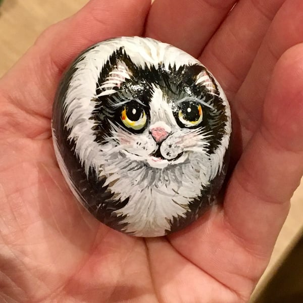 Cat hand painted pebble garden rock art pet stone portrait 