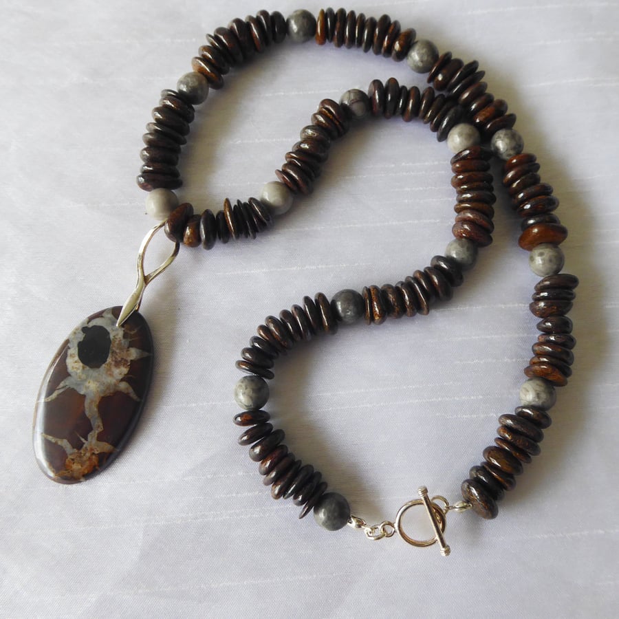 Black Septarian Pendant Necklace with Bronzite & Ocean Jasper Gemstones 