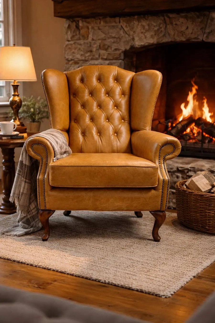 Buckingham Italian Distressed Leather Fireside Wingchair - Queen Anne Style