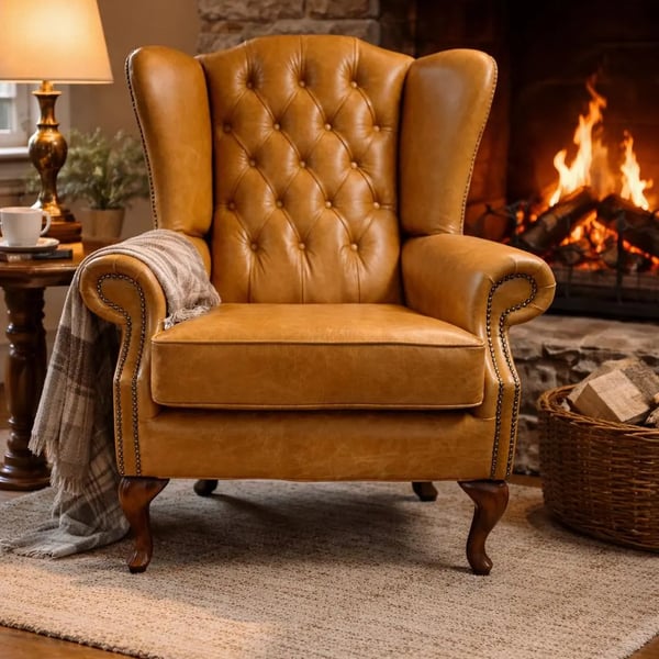 Buckingham Italian Distressed Leather Fireside Wingchair - Queen Anne Style