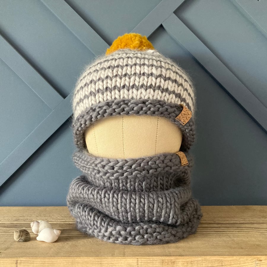 Striped grey and yellow bobble hat – merino wool handknitted hat with pom pom
