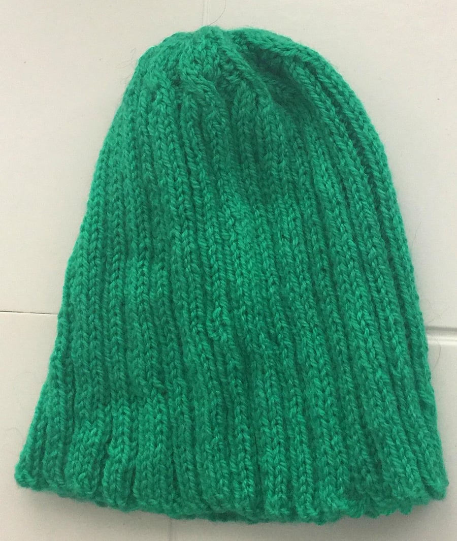 Green Rib Hand Knitted Hat - UK Free Post