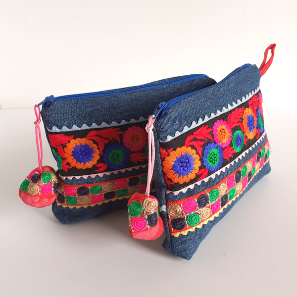 Toiletries or make up bag upcycled in denim and colourful woven Indian braid 