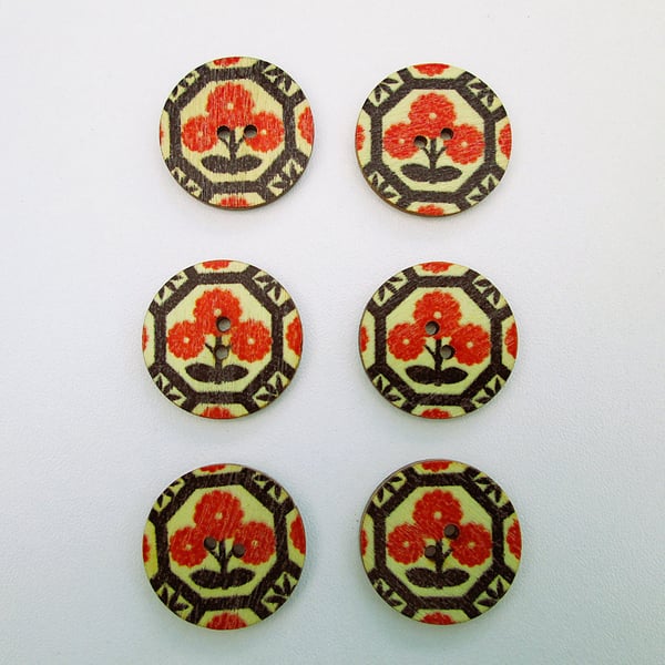 Red retro flower folk art wood buttons, set of 6, 2.5cm diameter