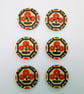 Red retro flower folk art wood buttons, set of 6, 2.5cm diameter
