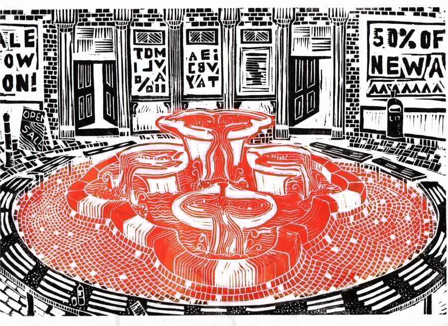 The Lily Pad Fountain, Nuneaton by John Freeman, linocut print
