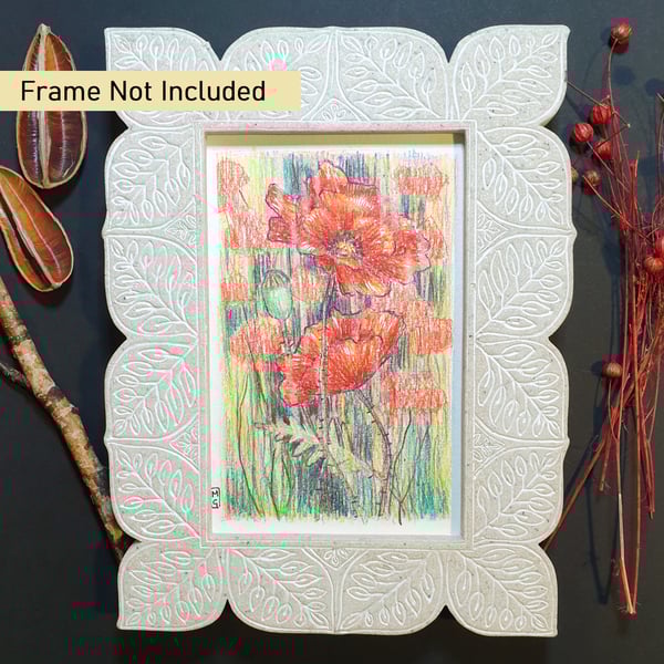 Red poppies small drawing, letterbox art gift, original artwork
