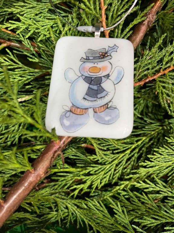 Handcrafted Christmas Snowman Card with Artisan Fused Glass Tree Decoration