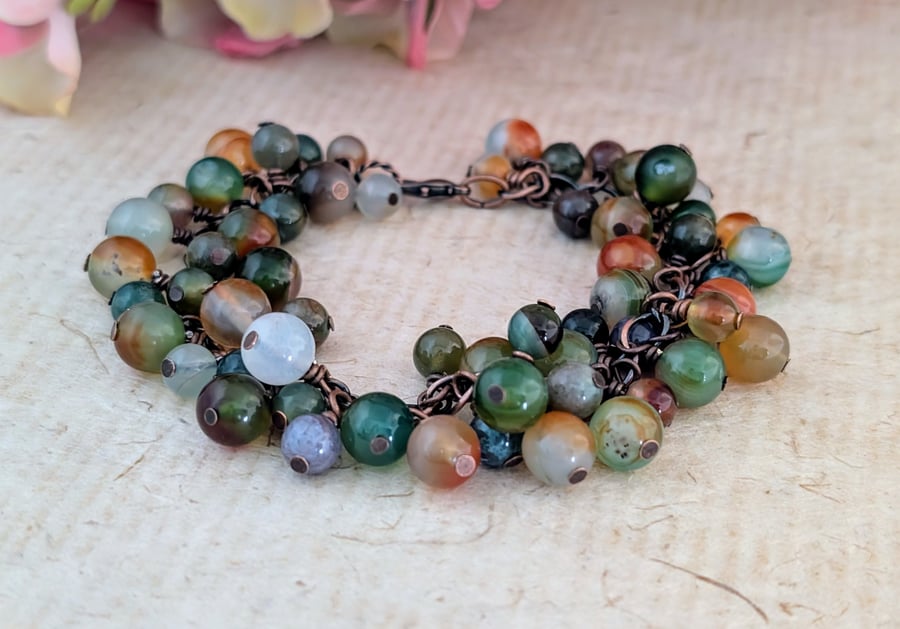 Charm style agate semi precious gemstone bracelet with copper chain