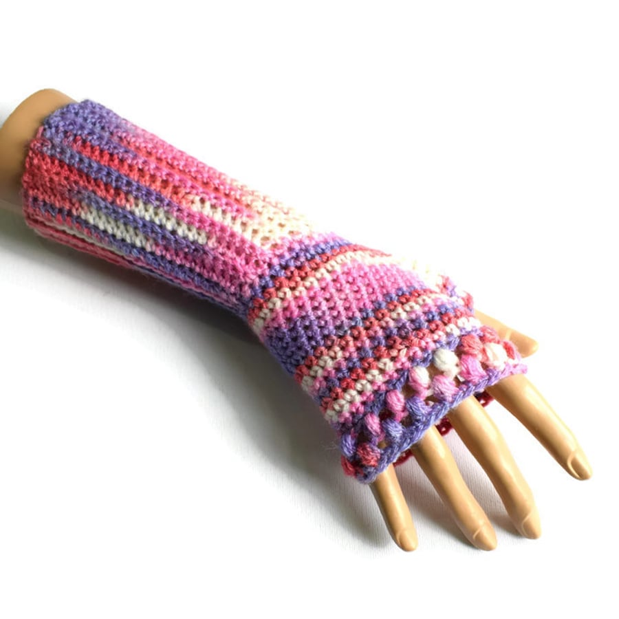 Fingerless Gloves in Pink, Lilac and White Non Wool Yarn