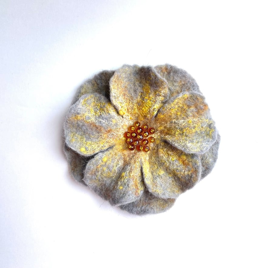 Grey Flower Brooch Handcrafted Jewelry Contemporary Handmade Item Floral Pin Woo