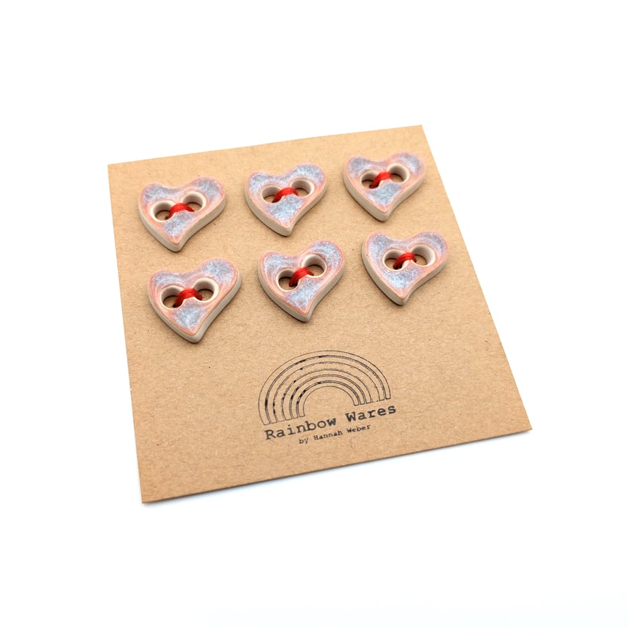 Set of 6 Handmade Heart Shaped, Ceramic Buttons, Kimchi Pink, Small, 25mm