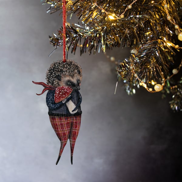 Double sided Herbert hedgehog wooden laser cut hanging decoration