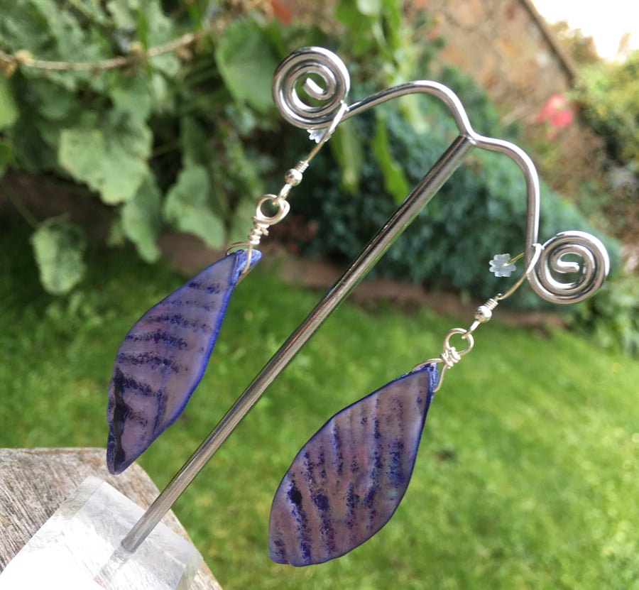 Lavender colour shell and sterling silver drop earrings