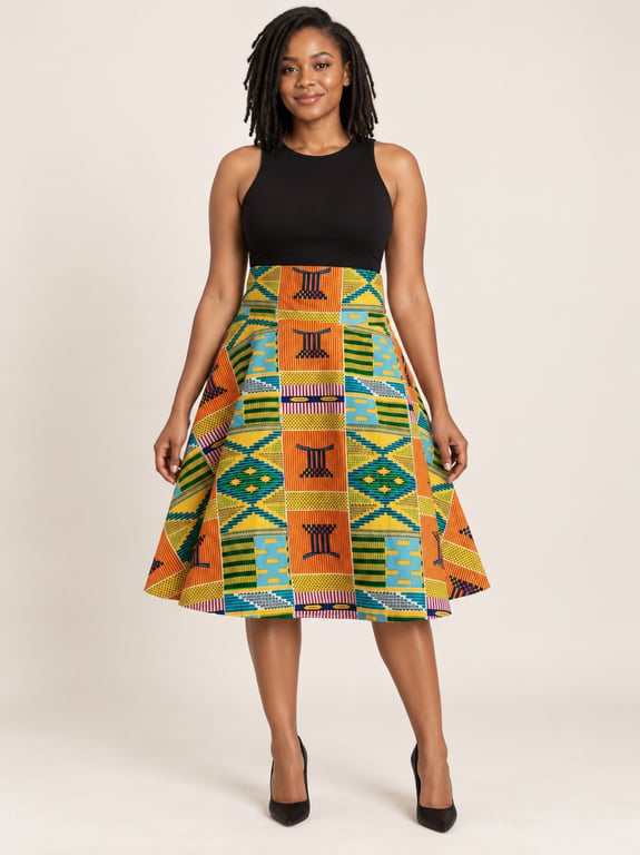 Kente Print Half Circle Cotton Skirt with Pockets – 49 Inch Waist