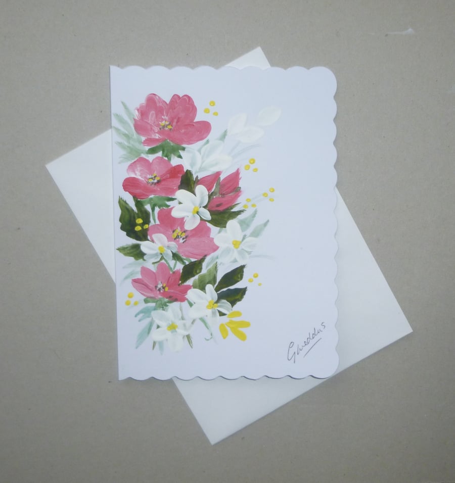 original art hand painted floral greetings card ( ref 305 D4 )