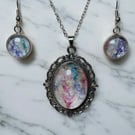 Jewellery set, necklace and earrings, handmade felt with silk in white