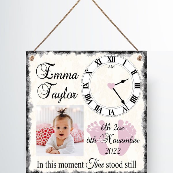 Baby Time Stood Still Photo Birth Record Hanging Metal Wall Plaque Gift Present 