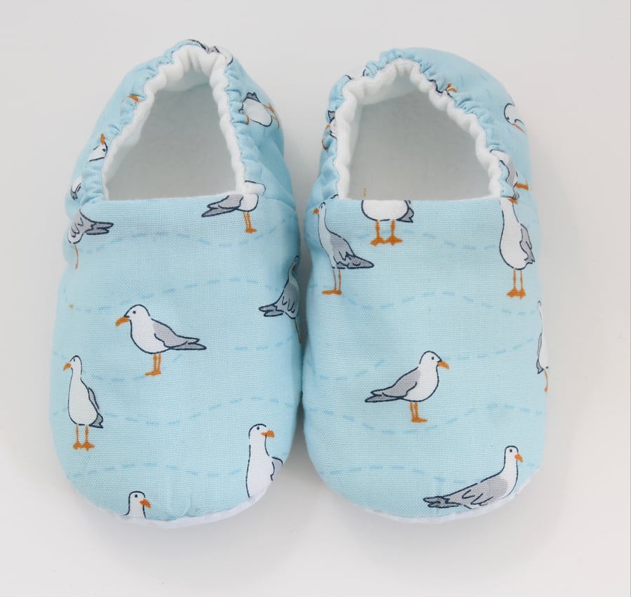 Baby shoes, blue shoes with seagulls, 6-9 months baby boys shoes.