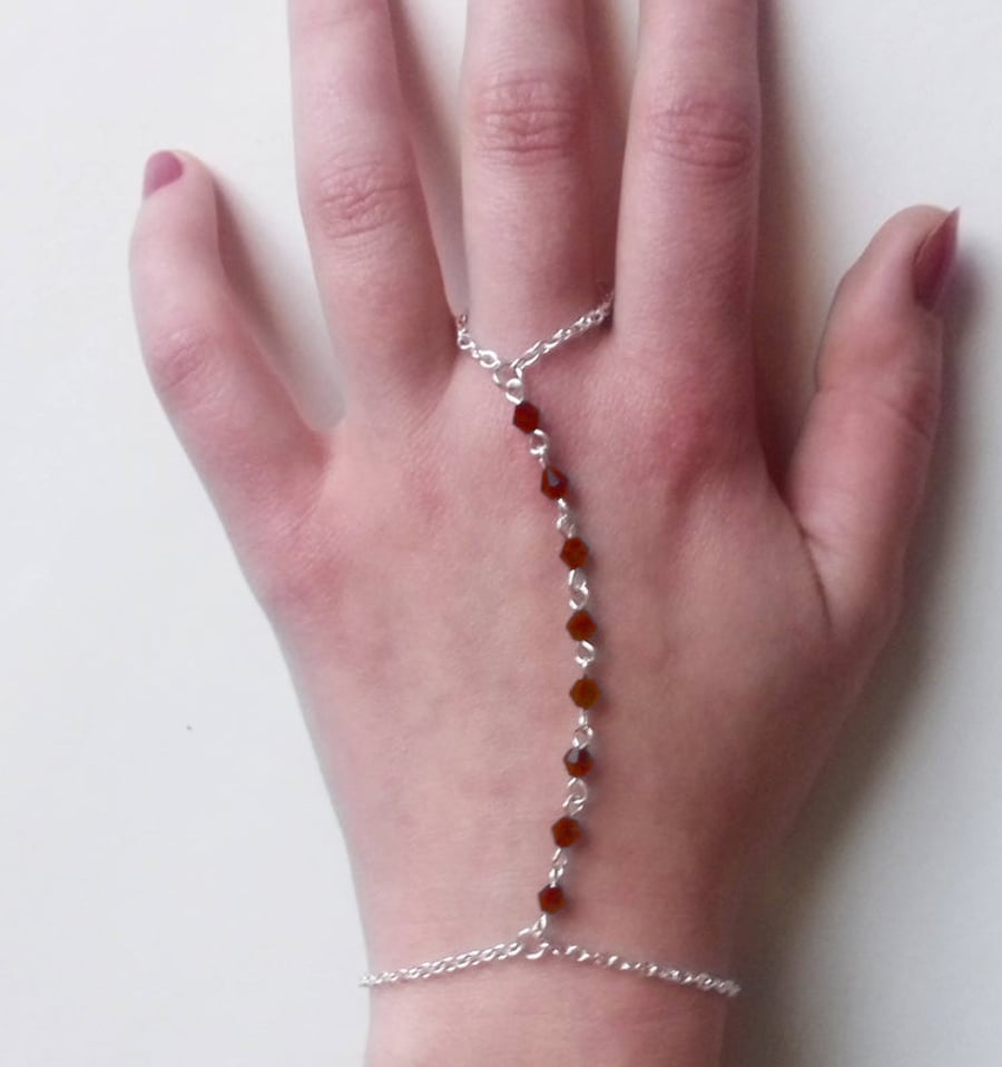 Red Crystal Bead Hand Chain Silver Plate Bracelet 