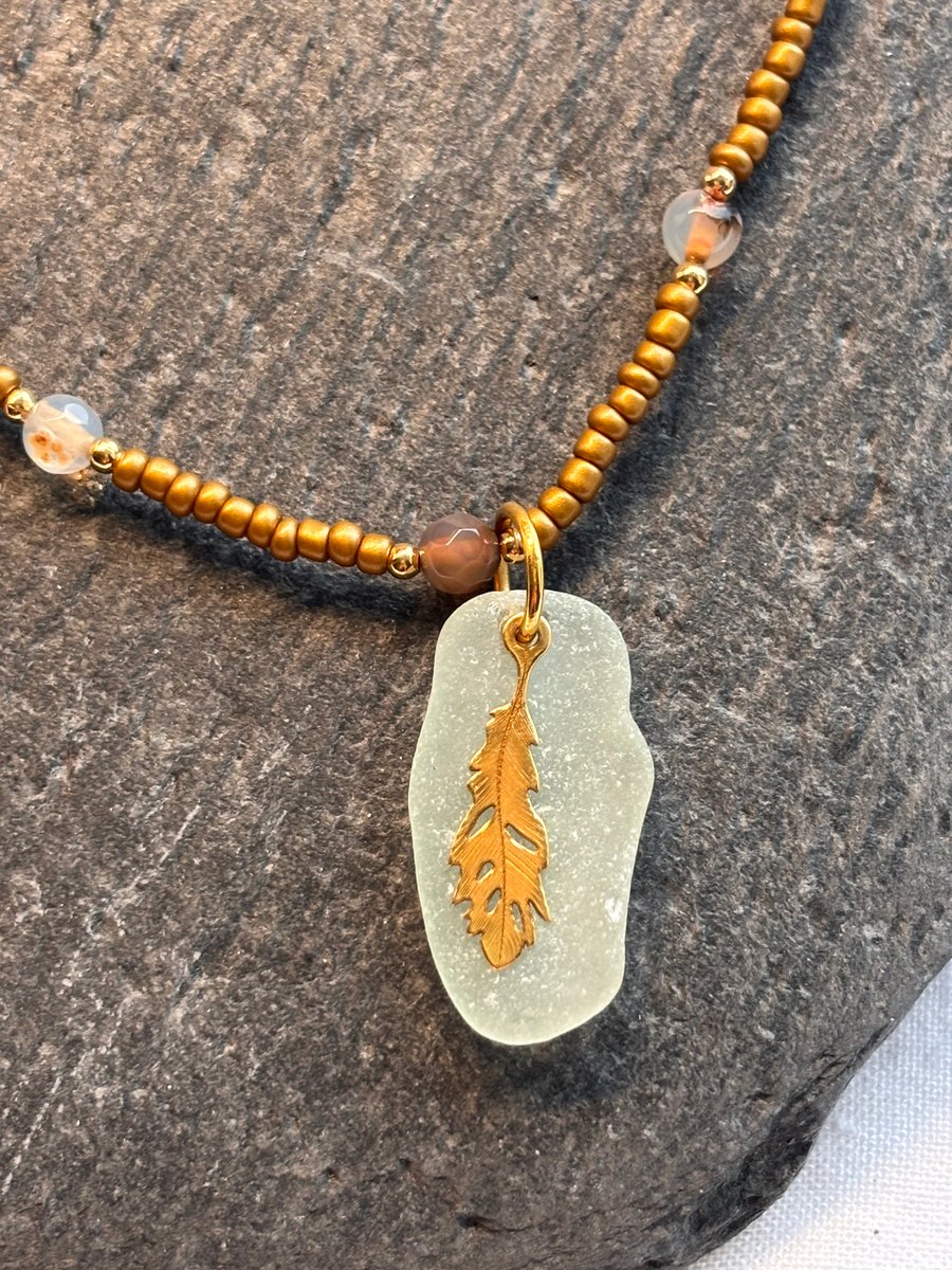 Necklace Pale Seaglass with Gold Plated Leaf Charm
