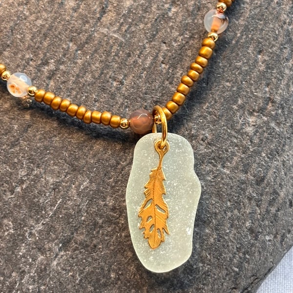 Necklace Pale Seaglass with Gold Plated Leaf Charm