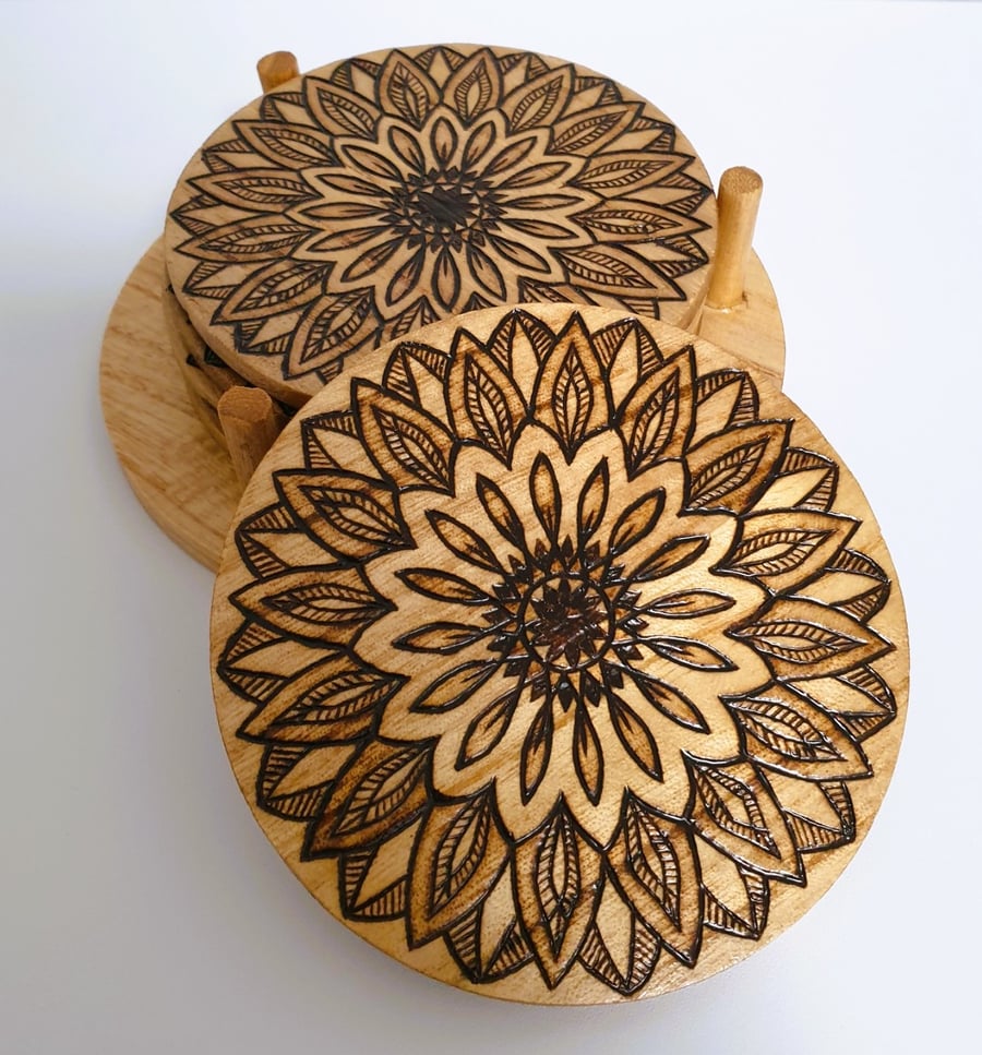 Seconds Sunday Set of 6 hand burned wooden rustic mandala coasters