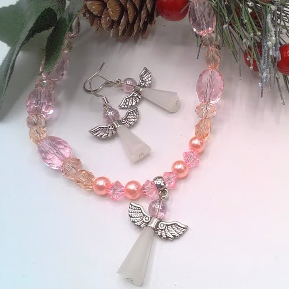 Beaded Christmas Angel Pendant on a Pink Crystal Necklace with Matching Earrings