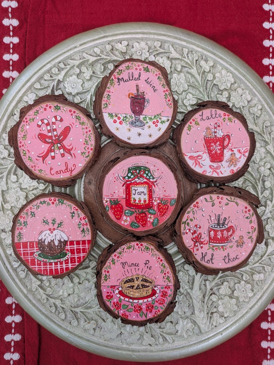 Christmas Food and Drink hand-painted log slice magnets