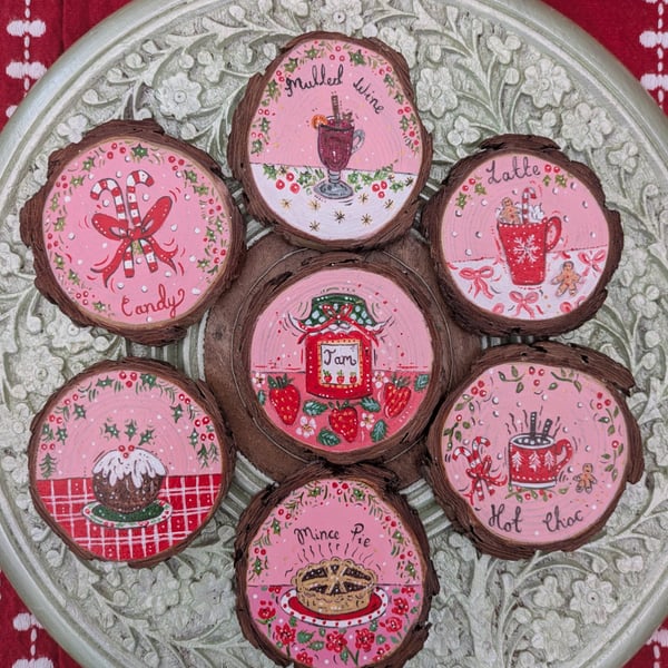 Christmas Food and Drink hand-painted log slice magnets