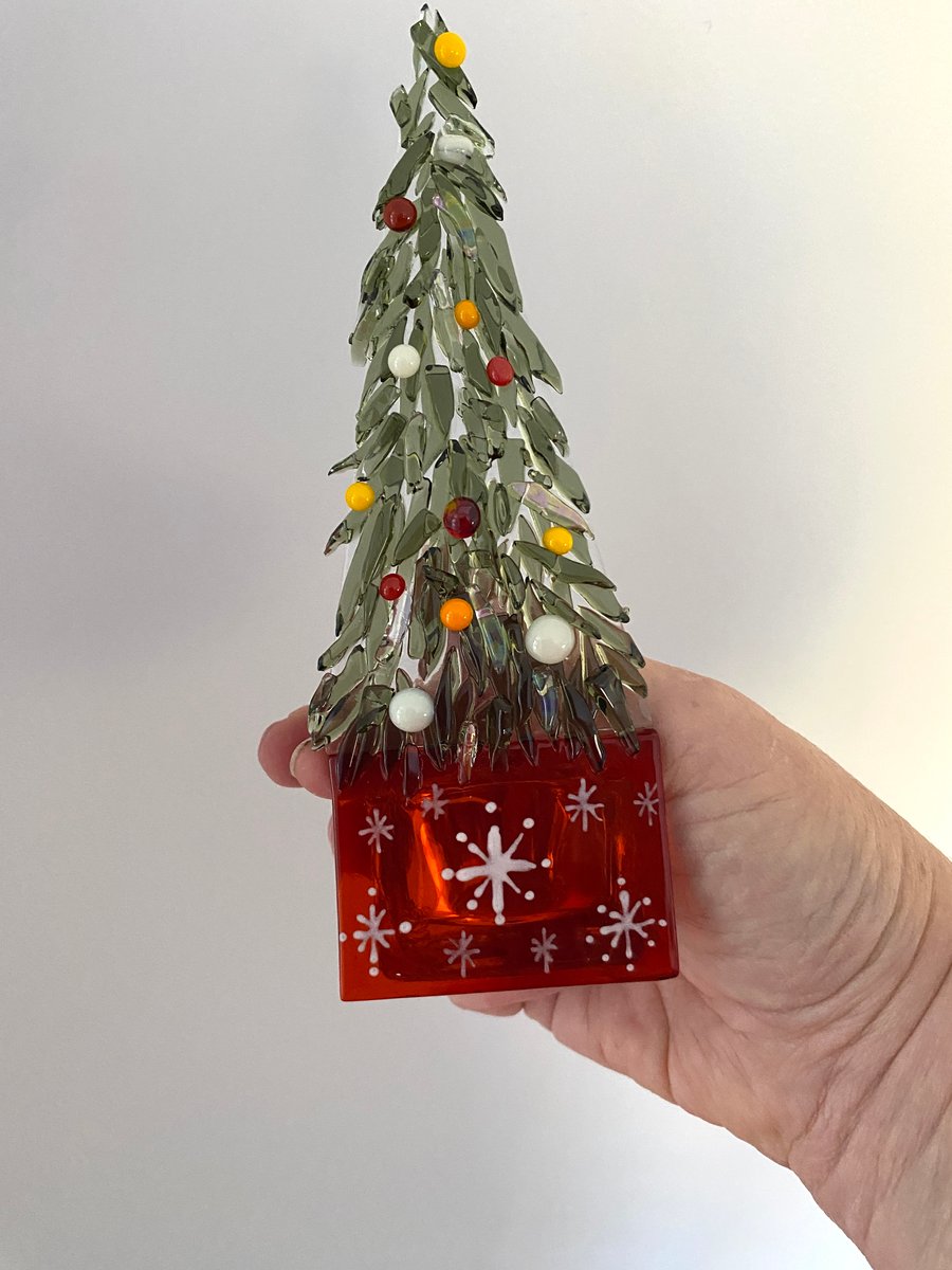 Fused glass Christmas tree candle holder 