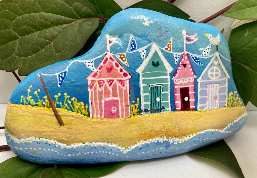 Beach Huts Quirky Sea Houses Hand Painted Large Rock Stone Art 