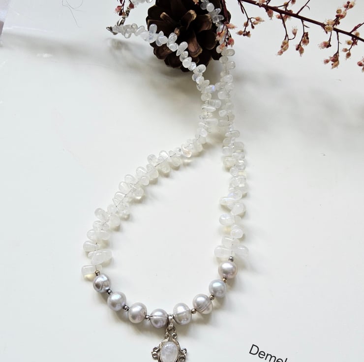 thumbnail image 2 of 50-Inch Gray Labradorite & Pearl Necklace – 3 Strand Beaded, Handmade, Nickel-Free 2 of 13