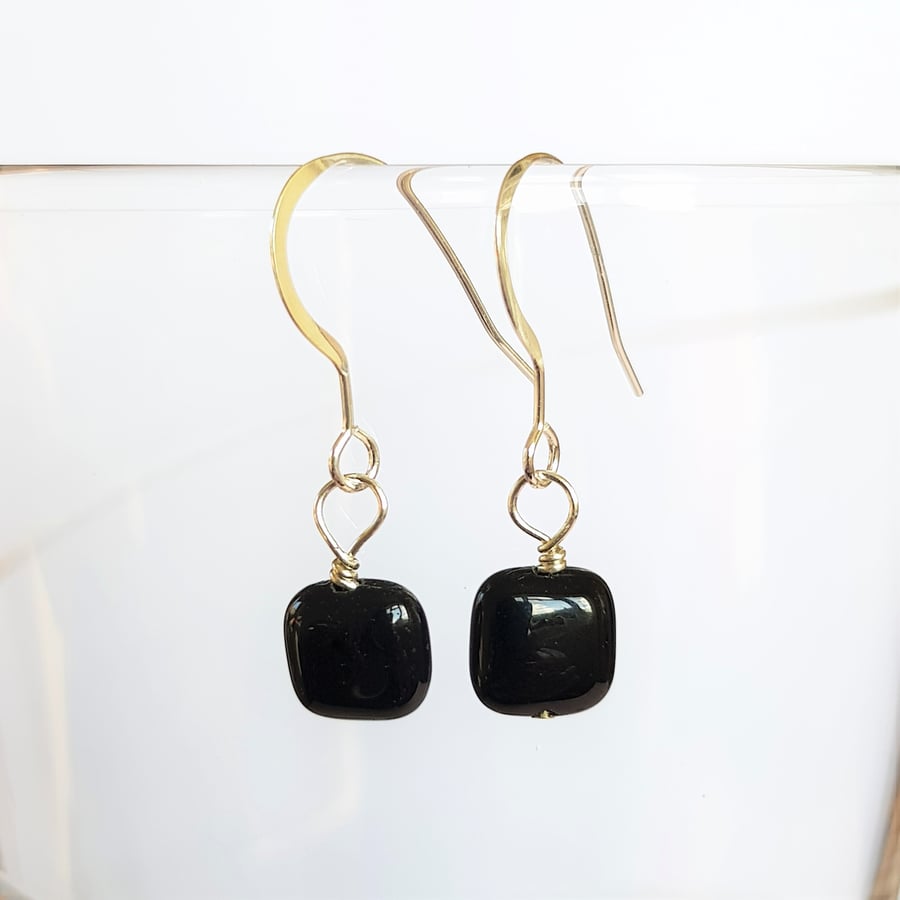 Black Agate Smooth Pillow Square Drop Earrings
