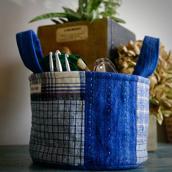 Round Fabric Storage Basket Handmade Vintage Fabric Basket Project Bag