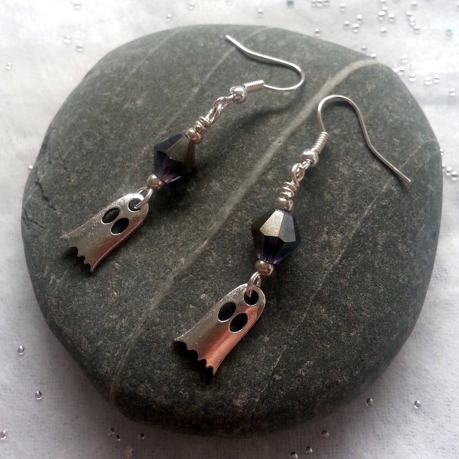 Image of Purple Crystal Ghost Earrings - Silver Halloween Drop Earrings