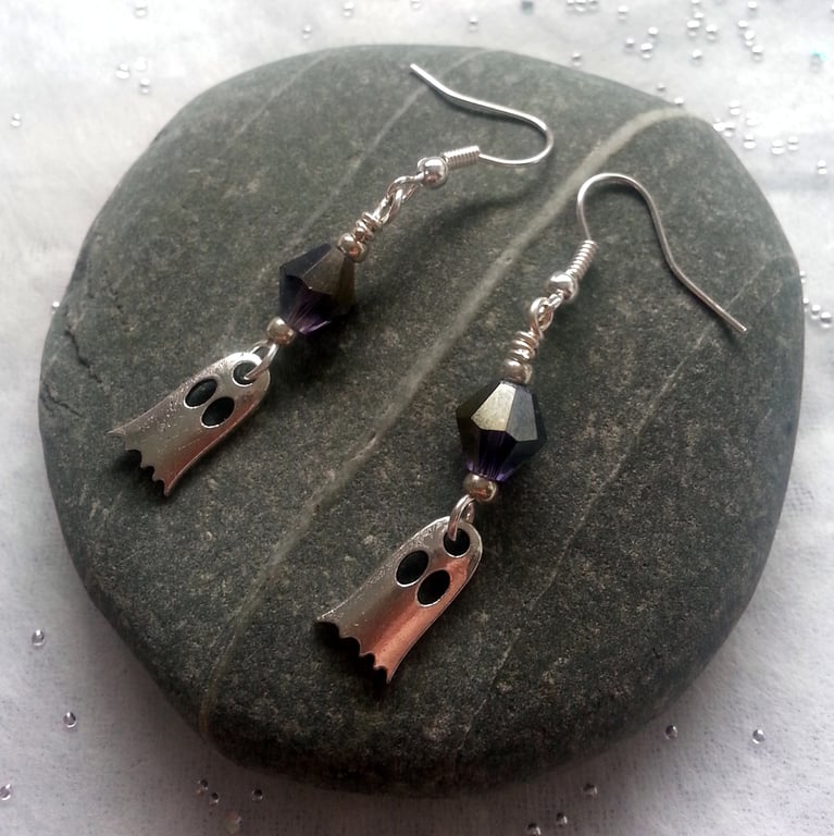 Purple Crystal Ghost Earrings - Silver Halloween Drop Earrings