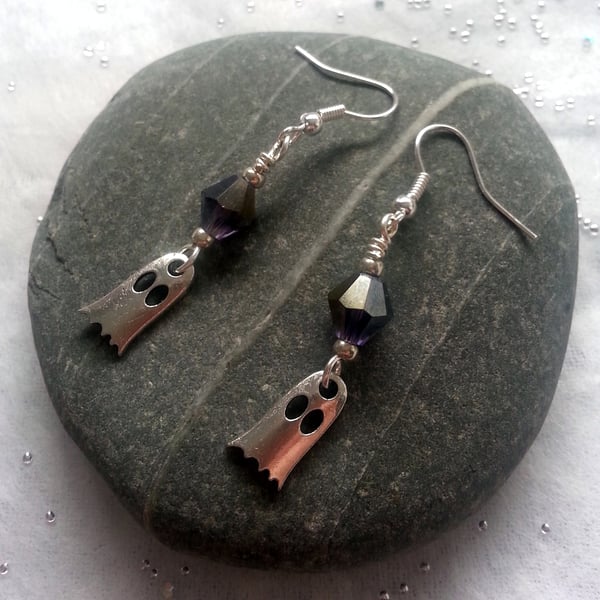 Purple Crystal Ghost Earrings - Silver Halloween Drop Earrings