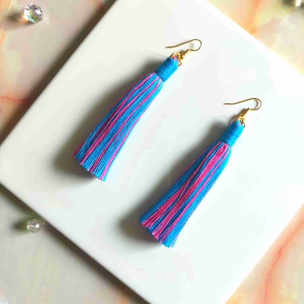"Aurora Maxi" Turquoise and Pink Longer Length Tassel Earrings Gold Plated