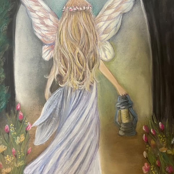 Enchanted Forest Fairy original pastel Drawing A3
